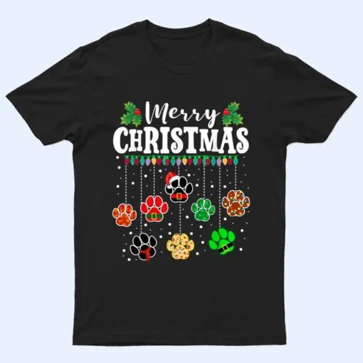 Merry Christmas Dog Paw Print Funny Xmas Light Family Pajama T Shirt