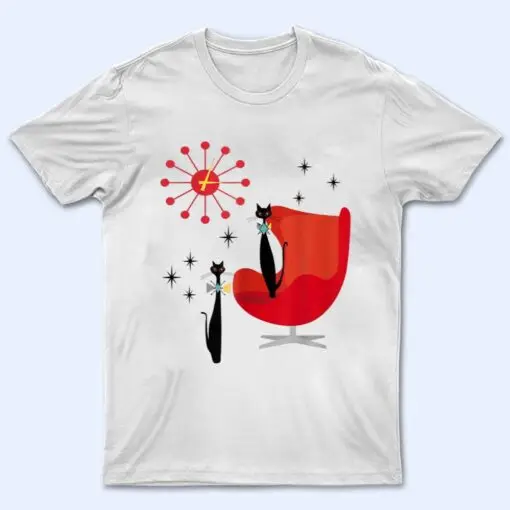 Mid Century Modern Cat Red Chair _ Sunburst Clock T Shirt