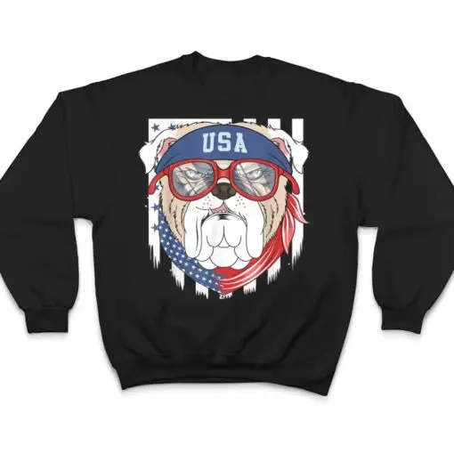 Patriotic USA 4th July Bulldog Bull Dog US Flag Sunglasses T Shirt