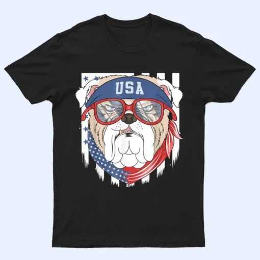 Patriotic USA 4th July Bulldog Bull Dog US Flag Sunglasses T Shirt