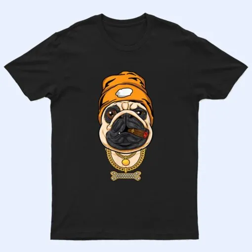 Pug Dog lover hipster pug with beanie golden bone necklace T Shirt