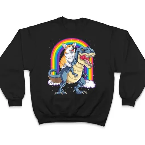 Rainbow Corgi Riding Dinosaur T rex Cute Corgi Dog T Shirt