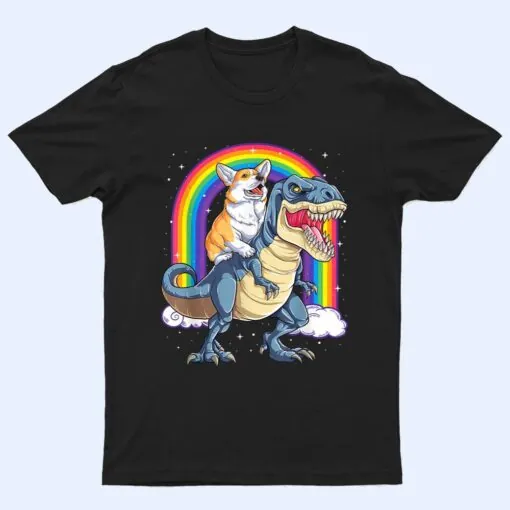 Rainbow Corgi Riding Dinosaur T rex Cute Corgi Dog T Shirt