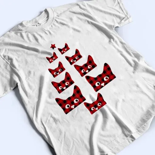 Red Plaid Buffalo Cat Christmas Tree Pajamas Cat Xmas Family T Shirt