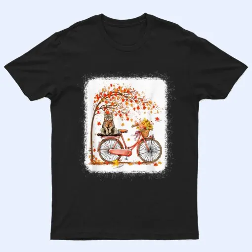 Retro Bicycle Cat Autumn Leaves Fall Thanksgiving T Shirt