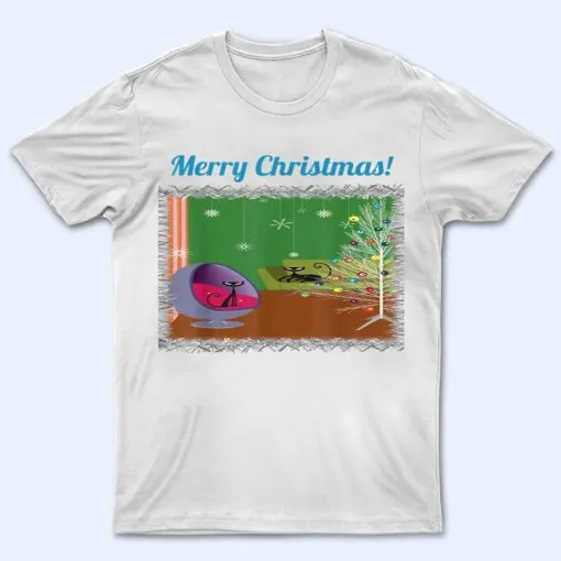 Retro Christmas  Mid Century Modern Two Cats Tree T Shirt