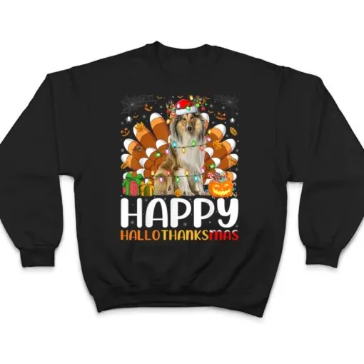 Rough Collie Dog Halloween Christmas Happy Hallothanksmas T Shirt