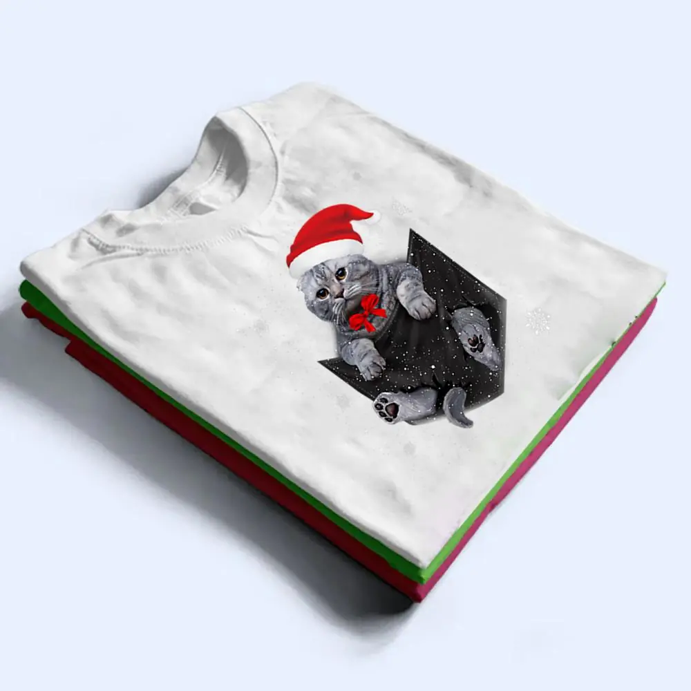 Scottish-Fold-Cat-Pocket-with-Christmas-Santa-Hat-T-Shirt-1 Scottish Fold Cat Pocket with Christmas Santa Hat T Shirt