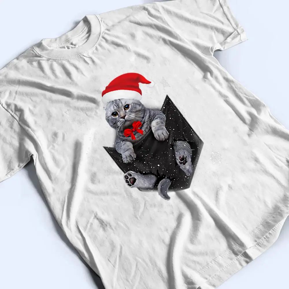 Scottish-Fold-Cat-Pocket-with-Christmas-Santa-Hat-T-Shirt-2 Scottish Fold Cat Pocket with Christmas Santa Hat T Shirt