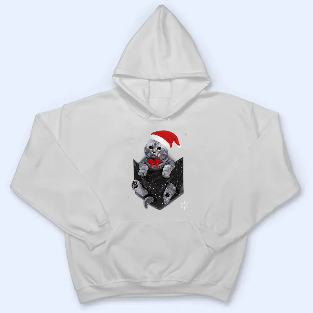 Scottish-Fold-Cat-Pocket-with-Christmas-Santa-Hat-T-Shirt-3 Scottish Fold Cat Pocket with Christmas Santa Hat T Shirt