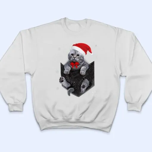 Scottish Fold Cat Pocket with Christmas Santa Hat T Shirt