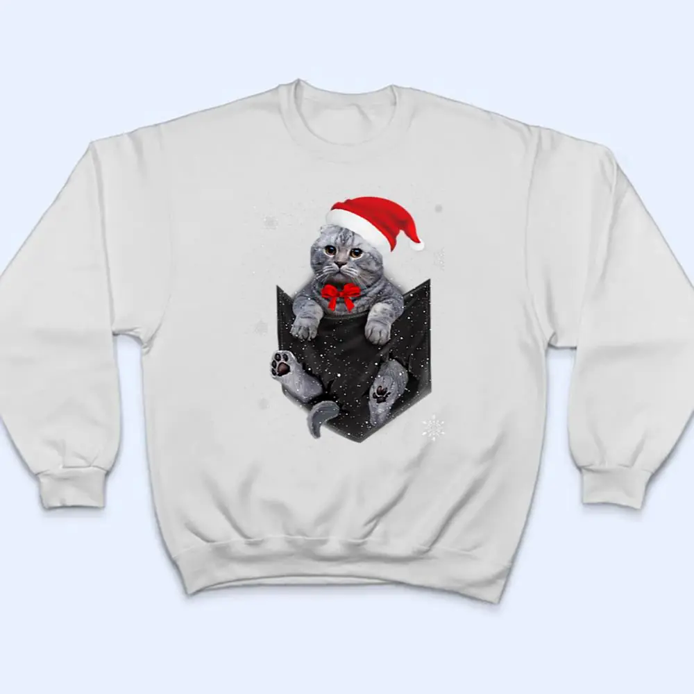 Scottish-Fold-Cat-Pocket-with-Christmas-Santa-Hat-T-Shirt-4 Scottish Fold Cat Pocket with Christmas Santa Hat T Shirt