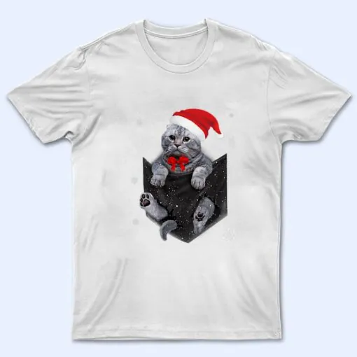 Scottish Fold Cat Pocket with Christmas Santa Hat T Shirt