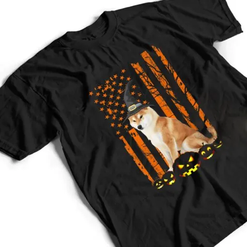 Shiba Inu Dog Pumpkin American Flag Vintage Halloween Witch T Shirt