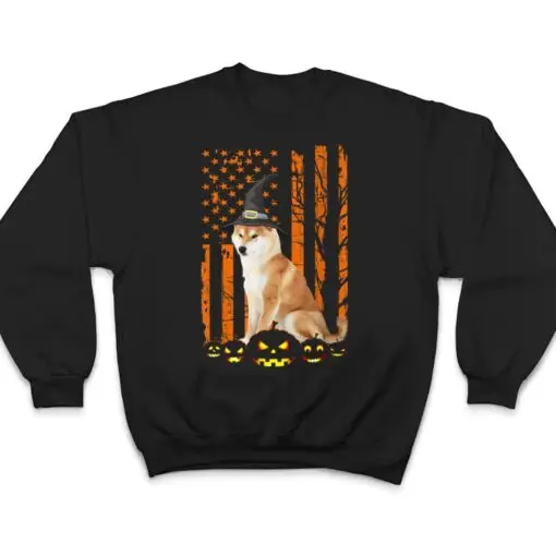 Shiba Inu Dog Pumpkin American Flag Vintage Halloween Witch T Shirt