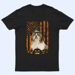 Shih Tzu Dog Pumpkin American Flag Vintage Halloween Witch T Shirt