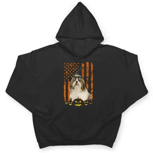 Shih Tzu Dog Pumpkin American Flag Vintage Halloween Witch T Shirt