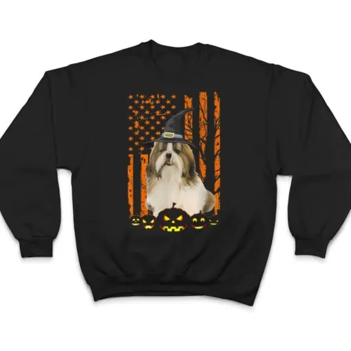 Shih Tzu Dog Pumpkin American Flag Vintage Halloween Witch T Shirt