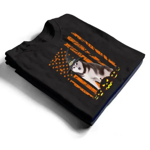 Siberian Husky Dog Pumpkin American Flag Witch Halloween T Shirt