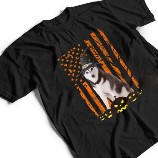 Siberian Husky Dog Pumpkin American Flag Witch Halloween T Shirt