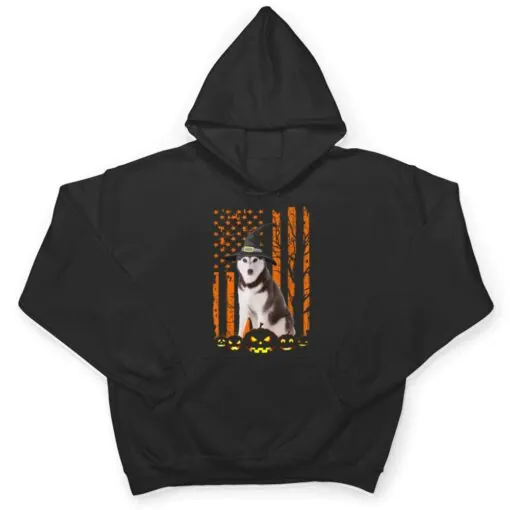 Siberian Husky Dog Pumpkin American Flag Witch Halloween T Shirt