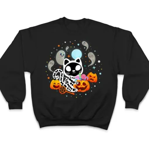 Skeleton Cat Halloween Shirt Kids Spooky Black Cat Halloween T Shirt