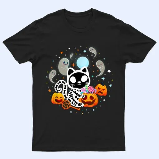 Skeleton Cat Halloween Shirt Kids Spooky Black Cat Halloween T Shirt