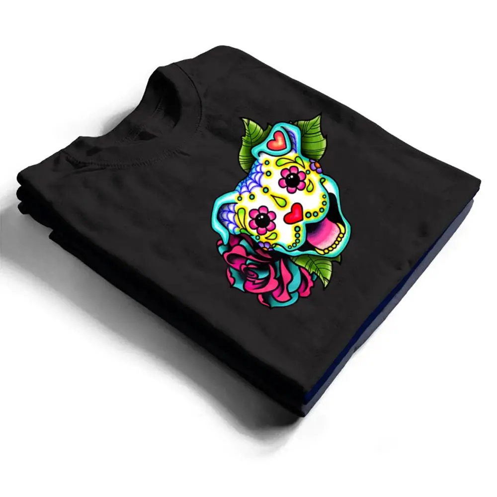 Smiling-Pitbull-in-White-Day-of-the-Dead-Sugar-Skull-Dog-T-Shirt-1 Smiling Pitbull in White - Day of the Dead Sugar Skull Dog T Shirt