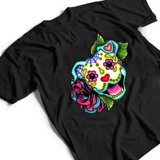 Smiling Pitbull in White - Day of the Dead Sugar Skull Dog T Shirt