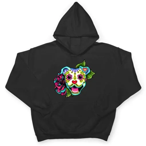 Smiling Pitbull in White - Day of the Dead Sugar Skull Dog T Shirt