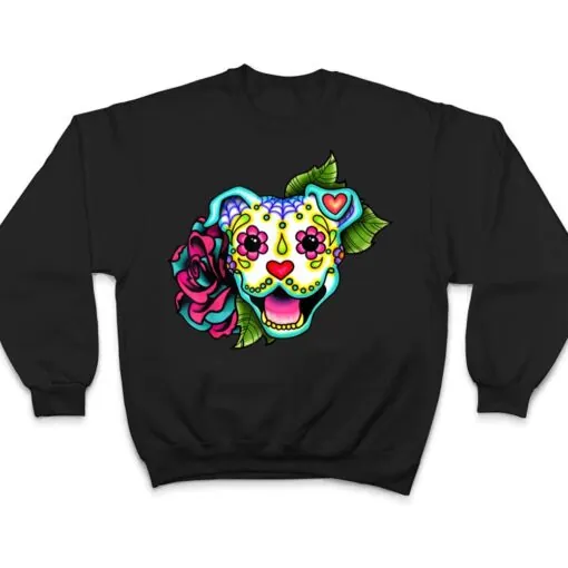 Smiling Pitbull in White - Day of the Dead Sugar Skull Dog T Shirt