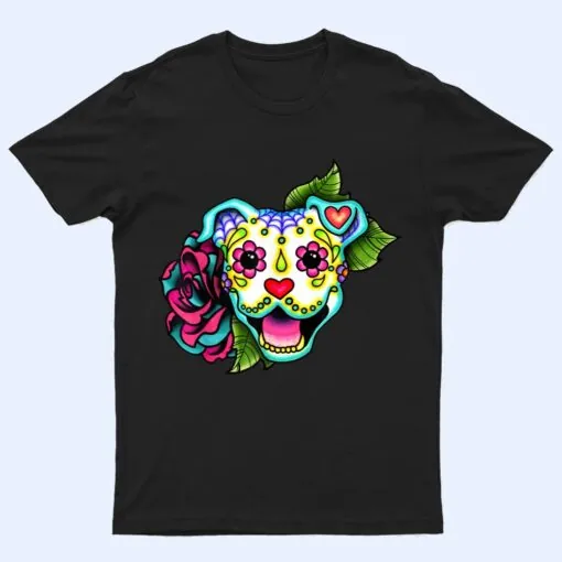 Smiling Pitbull in White - Day of the Dead Sugar Skull Dog T Shirt