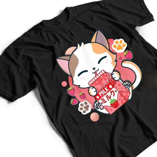 Strawberry Milk Cat Cute Kawaii Kitten Anime Gift Teen Girls T Shirt