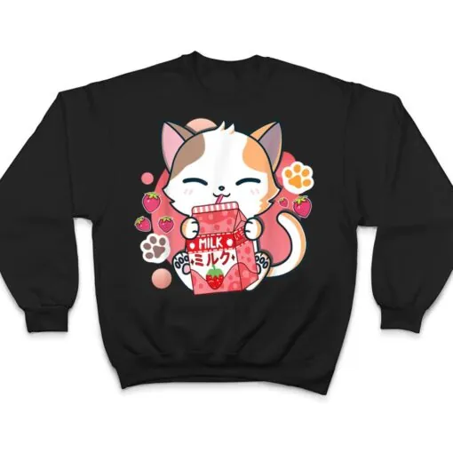 Strawberry Milk Cat Cute Kawaii Kitten Anime Gift Teen Girls T Shirt