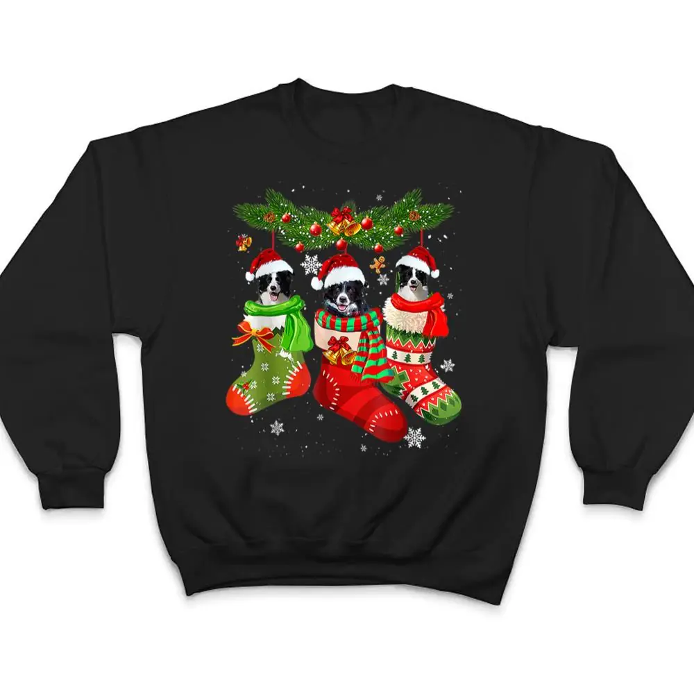 Three Border Collie In Sock Christmas Santa X-mas Dog T Shirt