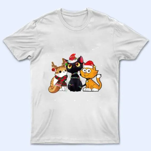 Three Cat Christmas Funny Kitty Santa Hat And Lights Gifts T Shirt