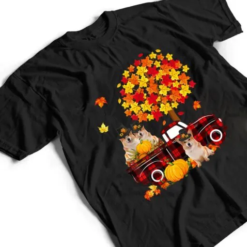 Three Corgi Dogs On Pickup Truck Thanksgiving Fall Tree T Shirt