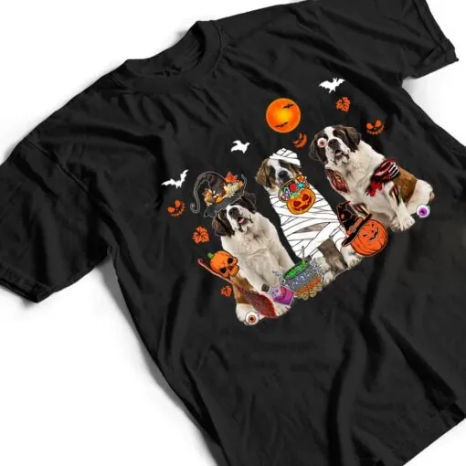 Three St. Bernard Dogs Witch Scary Mummy Halloween Zombie T Shirt