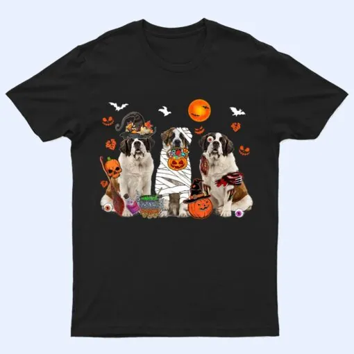 Three St. Bernard Dogs Witch Scary Mummy Halloween Zombie T Shirt