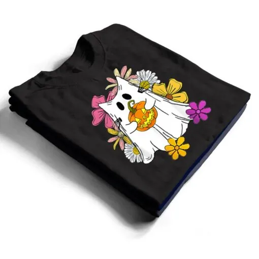 Vintage Floral Ghost Cat Halloween Graphic T Shirt