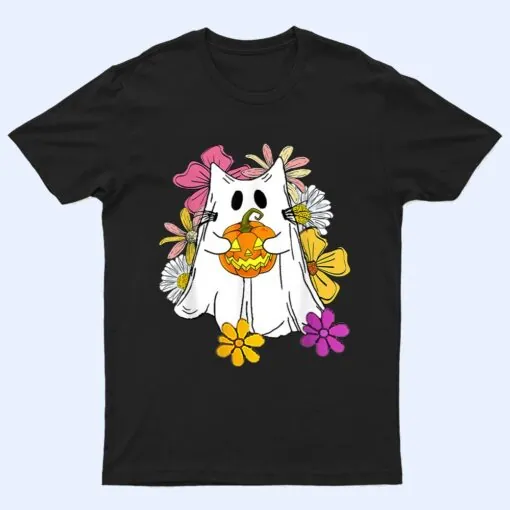 Vintage Floral Ghost Cat Halloween Graphic T Shirt