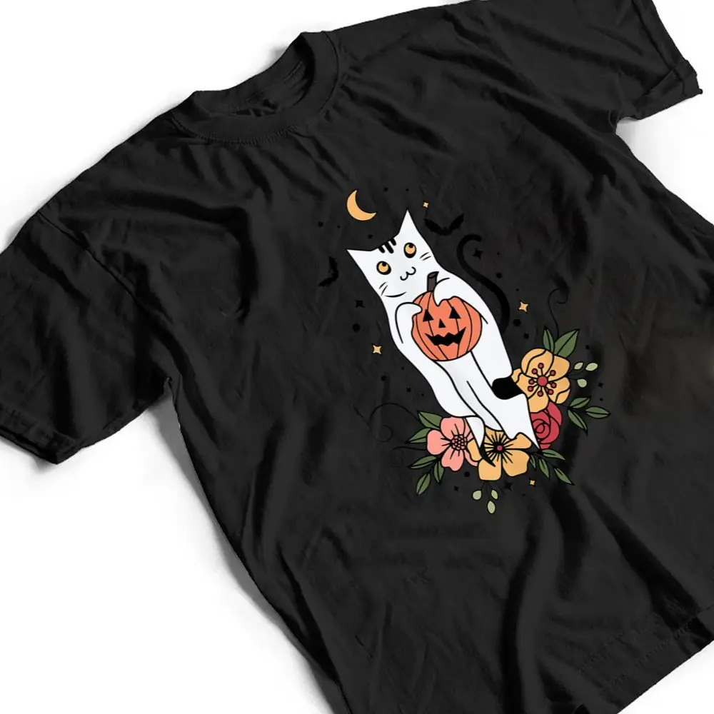 Vintage-Floral-Halloween-Cat-Ghost-Pumpkin-Auntum-Women-Kids-T-Shirt-2 Vintage Floral Halloween Cat Ghost Pumpkin Auntum Women Kids T Shirt