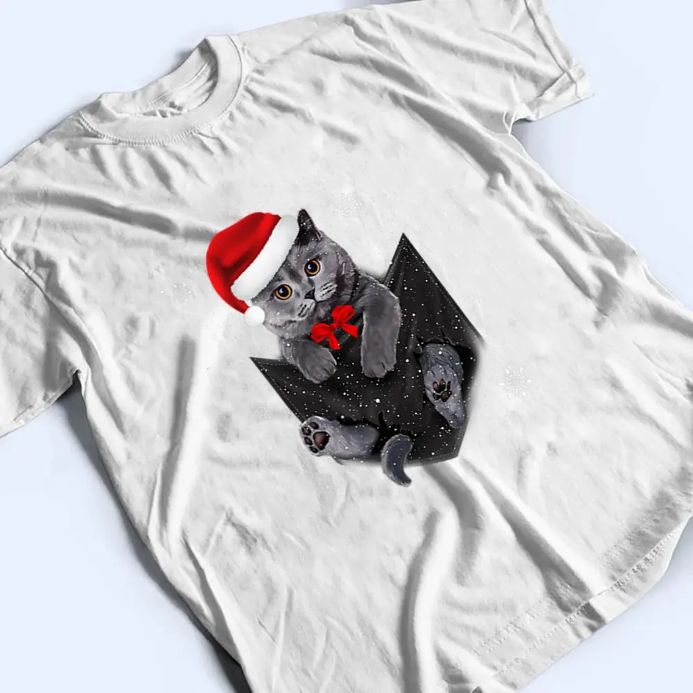 Winter-Holiday-British-Cat-Pocket-Christmas-Santa-Hat-T-Shirt-2 Winter Holiday British Cat Pocket Christmas Santa Hat T Shirt