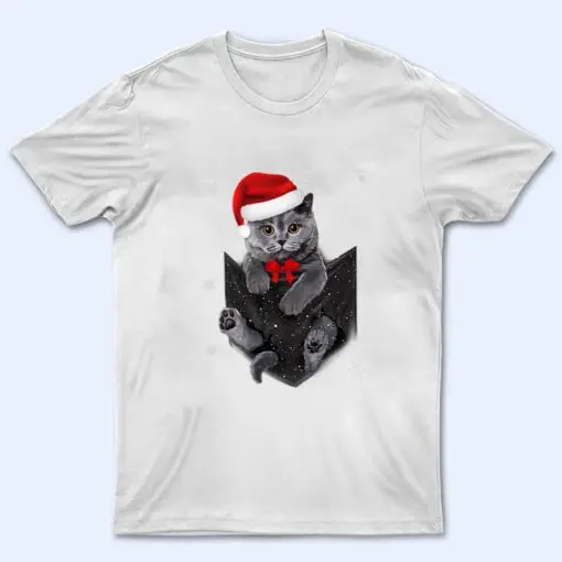 Winter Holiday British Cat Pocket Christmas Santa Hat T Shirt