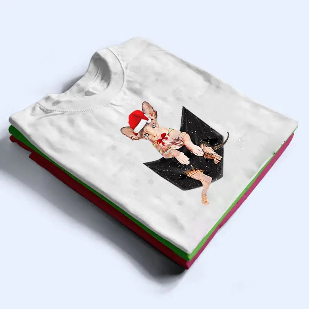 Winter-Holiday-Sphynx-Cat-Pocket-with-Christmas-Santa-Hat-T-Shirt-1 Winter Holiday Sphynx Cat Pocket with Christmas Santa Hat T Shirt