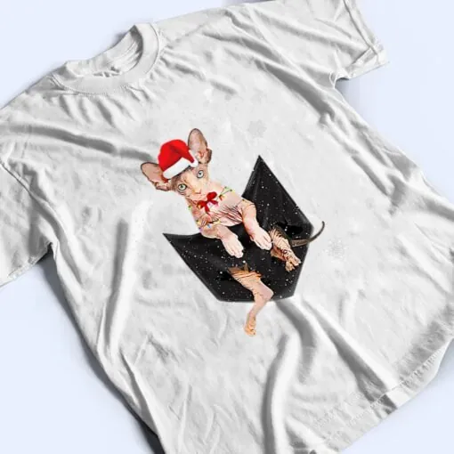 Winter Holiday Sphynx Cat Pocket with Christmas Santa Hat T Shirt