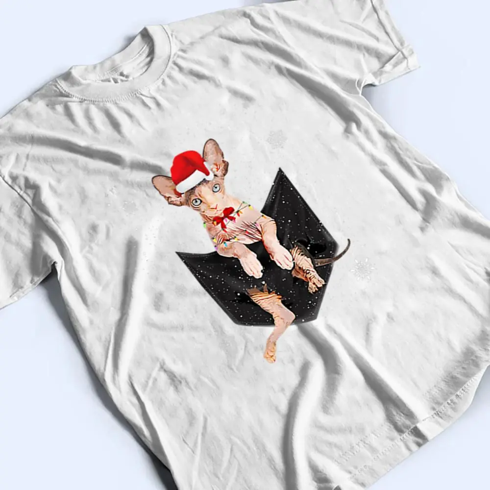 Winter-Holiday-Sphynx-Cat-Pocket-with-Christmas-Santa-Hat-T-Shirt-2 Winter Holiday Sphynx Cat Pocket with Christmas Santa Hat T Shirt