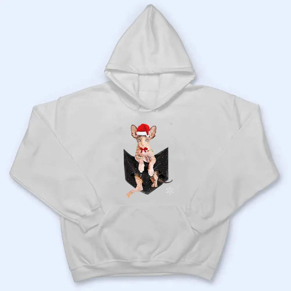 Winter-Holiday-Sphynx-Cat-Pocket-with-Christmas-Santa-Hat-T-Shirt-3 Winter Holiday Sphynx Cat Pocket with Christmas Santa Hat T Shirt