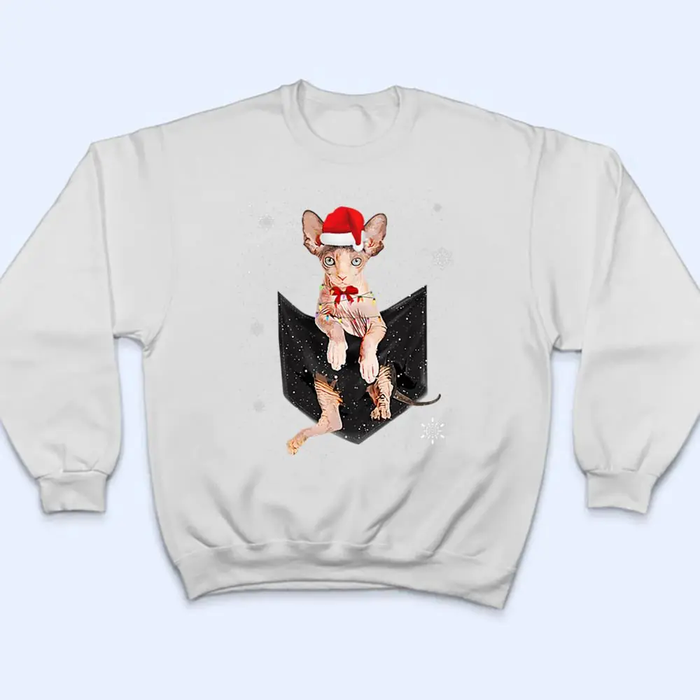 Winter-Holiday-Sphynx-Cat-Pocket-with-Christmas-Santa-Hat-T-Shirt-4 Winter Holiday Sphynx Cat Pocket with Christmas Santa Hat T Shirt