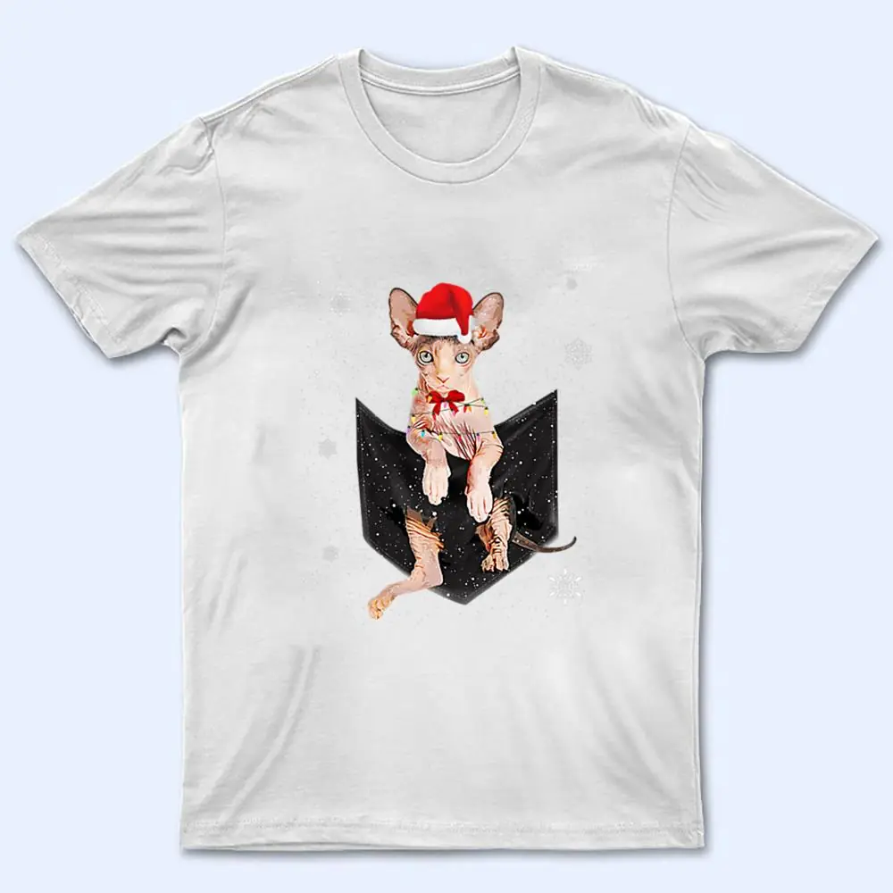 Winter Holiday Sphynx Cat Pocket with Christmas Santa Hat T Shirt Winter Holiday Sphynx Cat Pocket with Christmas Santa Hat T Shirt